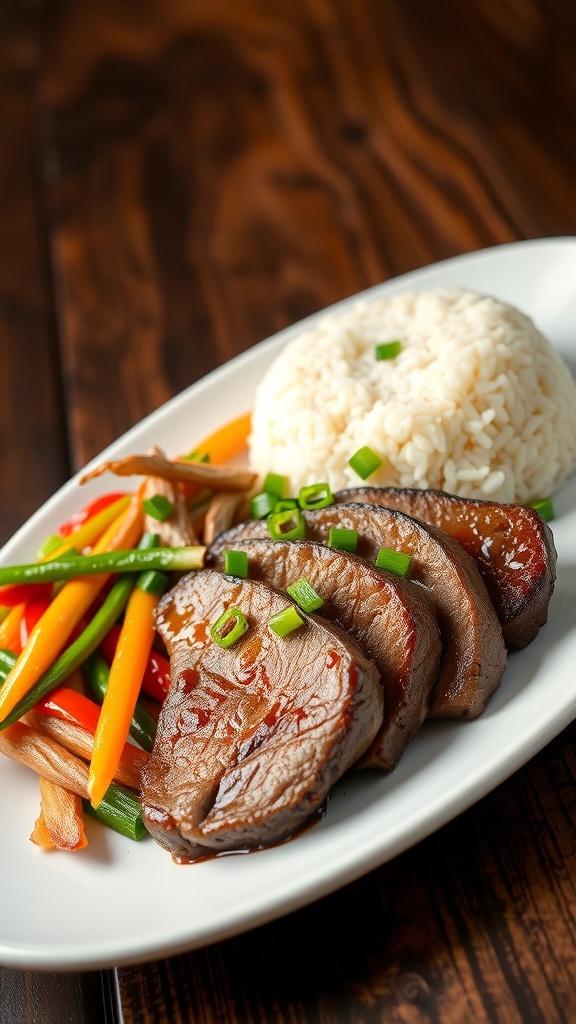 Air Fryer Hibachi Steak Recipe Plated hibachi steak with green onions, sautéed vegetables, and rice on a rustic table.